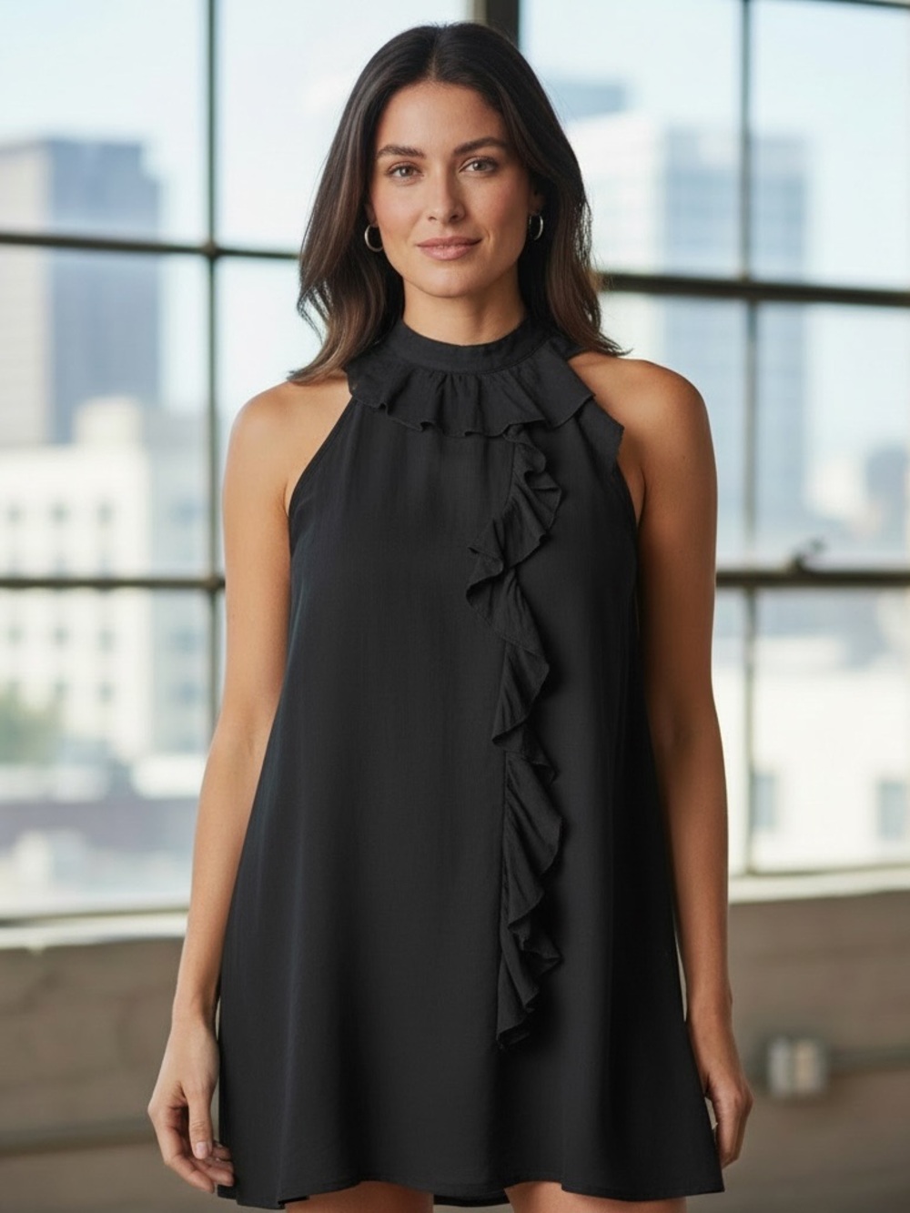 SAIPH Linen Blend Ruffle front dress with halter style tie in black Size Large